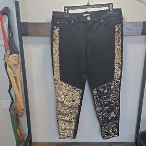 True Religion Black Pants with Gold Sequin Accents Halle Mid Rise Super Skinny